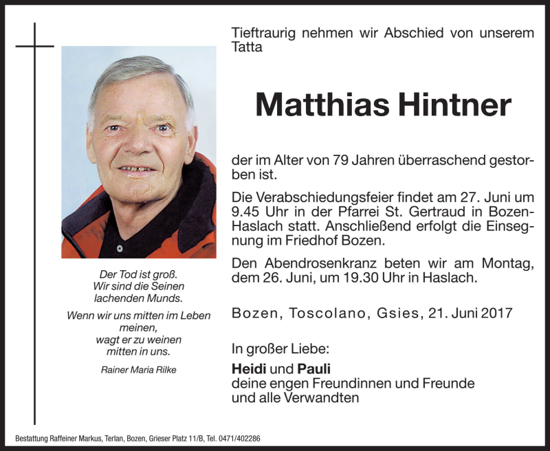  Traueranzeige für Matthias Hintner vom 24.06.2017 aus Dolomiten