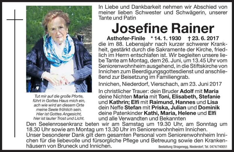  Traueranzeige für Josefine Rainer vom 24.06.2017 aus Dolomiten
