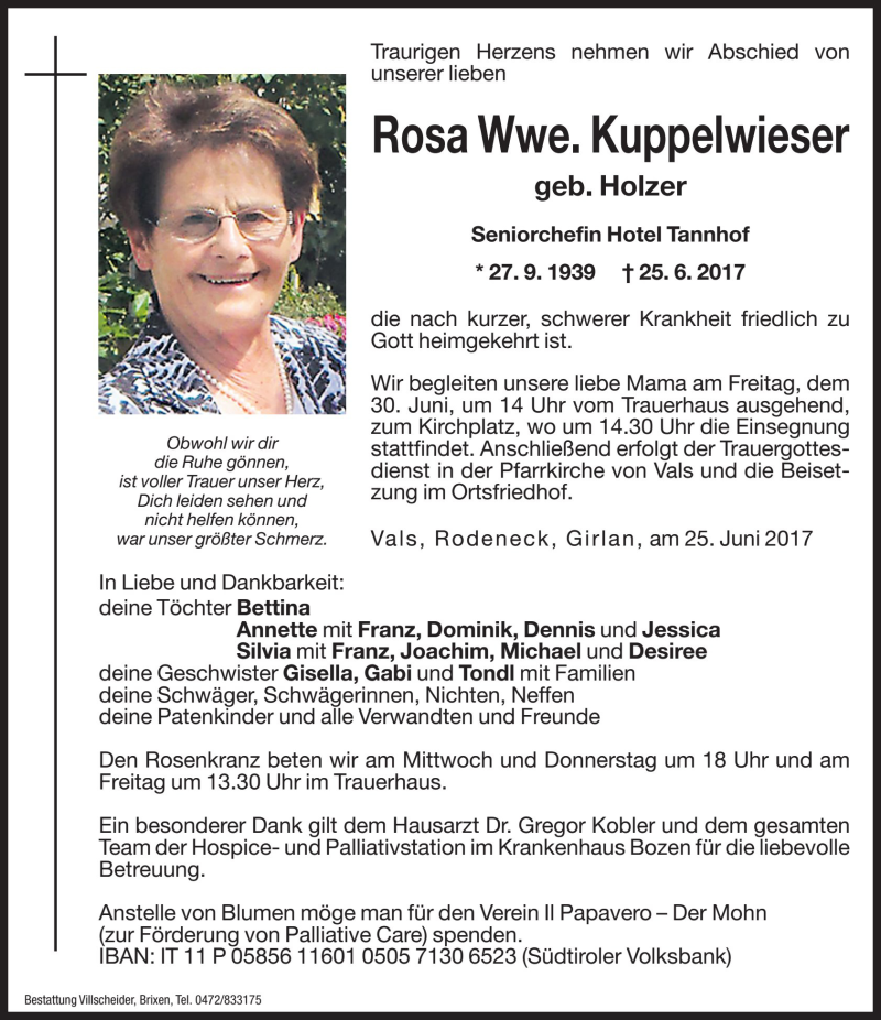  Traueranzeige für Rosa Kuppelwieser vom 27.06.2017 aus Dolomiten