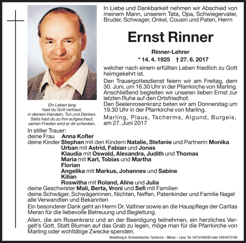  Traueranzeige für Ernst Rinner vom 29.06.2017 aus Dolomiten