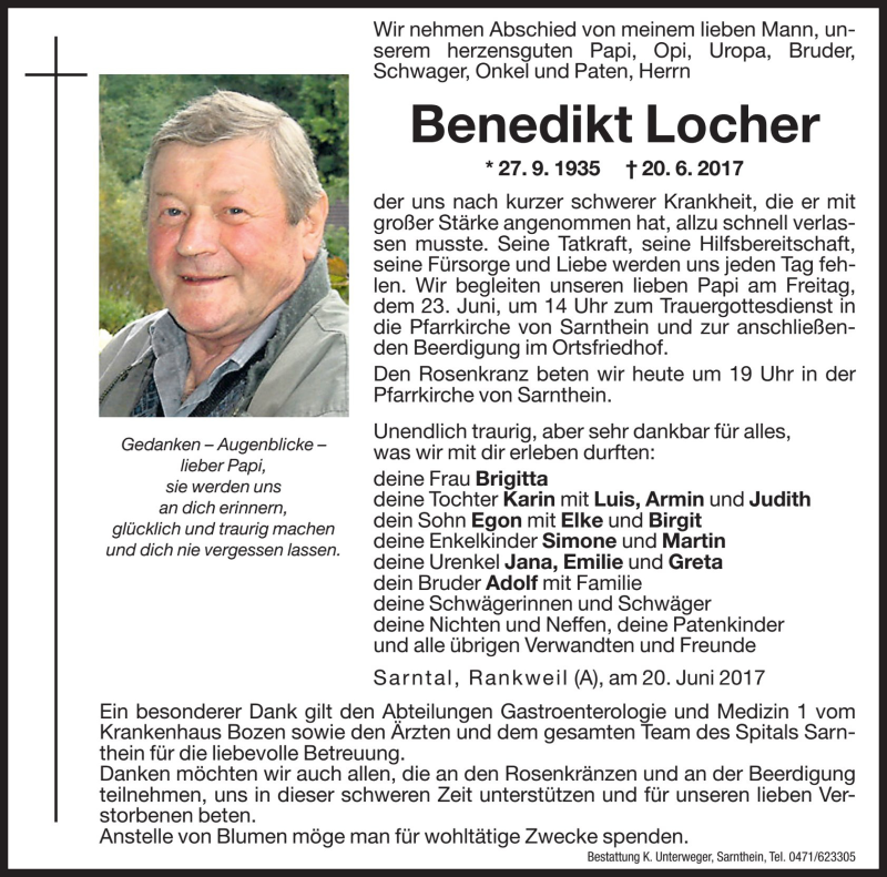  Traueranzeige für Benedikt Locher vom 22.06.2017 aus Dolomiten