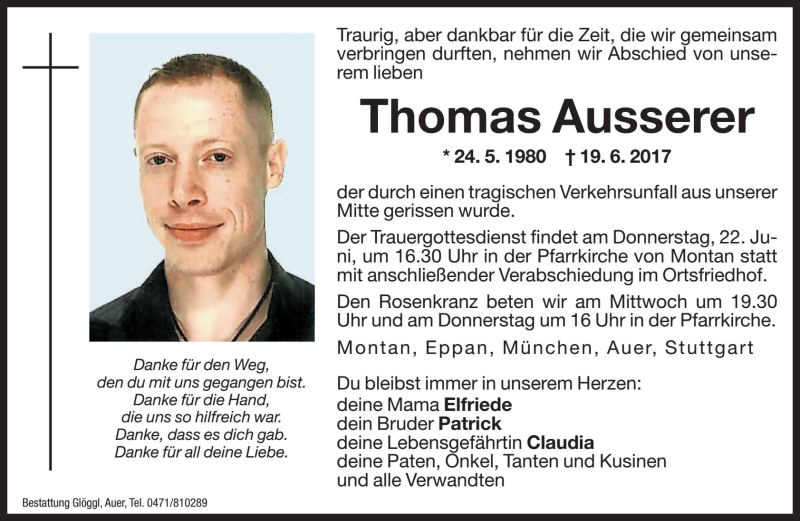  Traueranzeige für Thomas Ausserer vom 21.06.2017 aus Dolomiten
