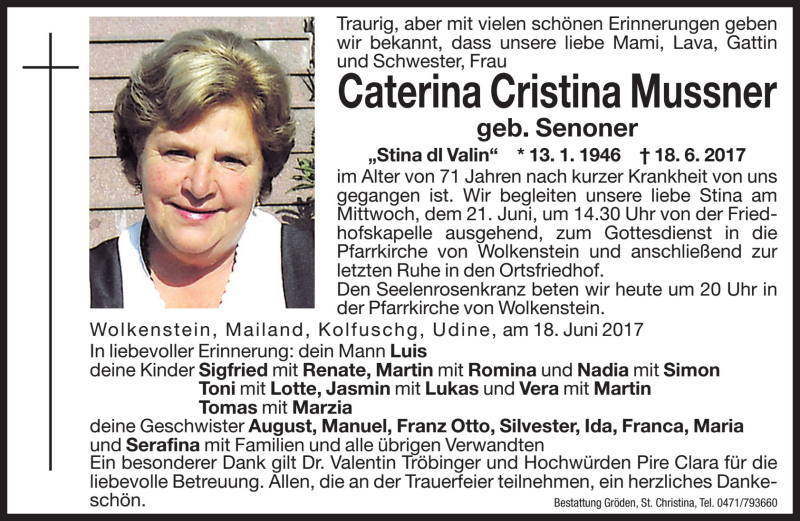  Traueranzeige für Caterina Cristina Mussner vom 20.06.2017 aus Dolomiten