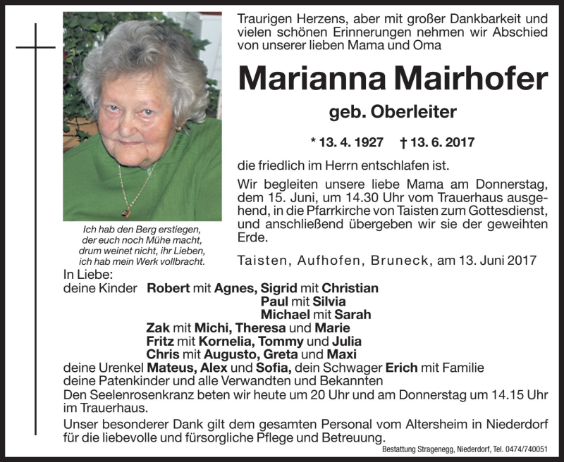  Traueranzeige für Marianna Mairhofer vom 14.06.2017 aus Dolomiten