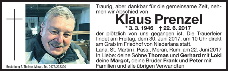  Traueranzeige für Klaus Prenzel vom 28.06.2017 aus Dolomiten