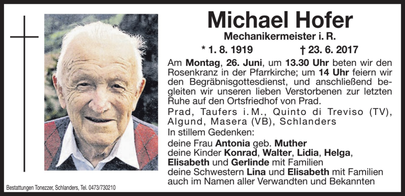  Traueranzeige für Michael Hofer vom 26.06.2017 aus Dolomiten