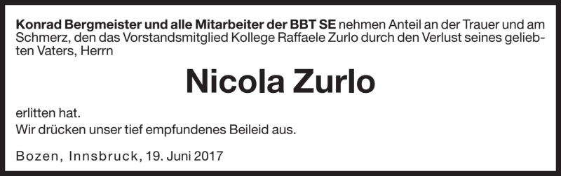  Traueranzeige für Nicola Zurlo vom 20.06.2017 aus Dolomiten