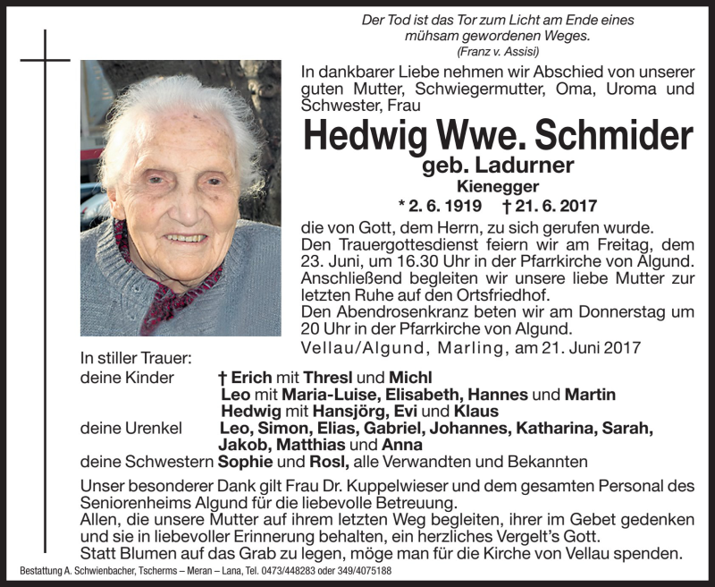  Traueranzeige für Hedwig Schmider vom 22.06.2017 aus Dolomiten