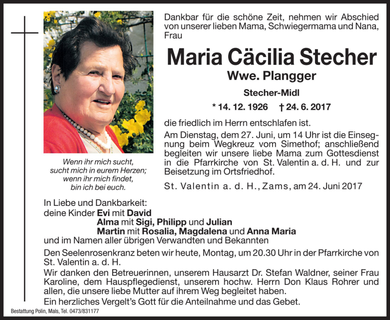 Traueranzeige für Maria Cäcilia Plangger vom 26.06.2017 aus Dolomiten