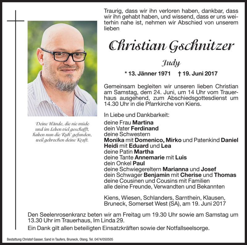  Traueranzeige für Christian Gschnitzer vom 23.06.2017 aus Dolomiten