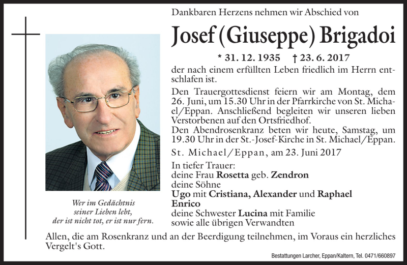  Traueranzeige für Josef Brigadoi vom 24.06.2017 aus Dolomiten