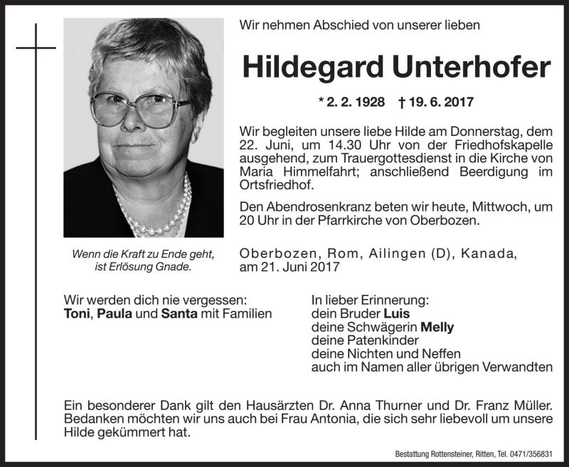  Traueranzeige für Hildegard Unterhofer vom 21.06.2017 aus Dolomiten