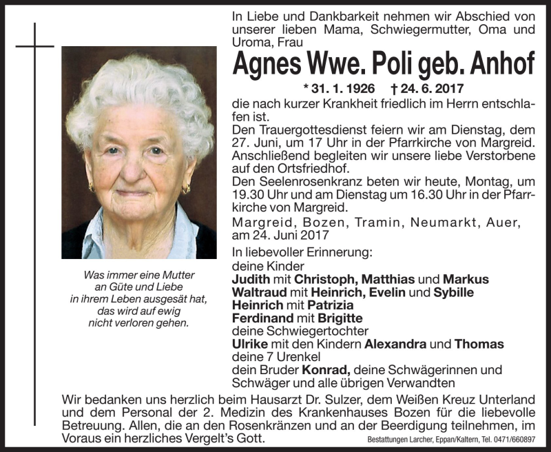  Traueranzeige für Agnes Poli vom 26.06.2017 aus Dolomiten