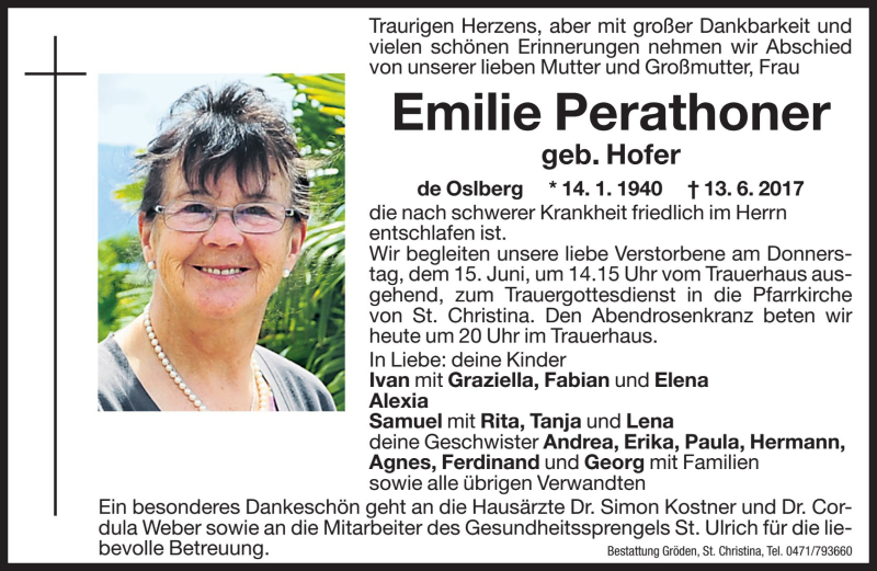  Traueranzeige für Emilie Perathoner vom 14.06.2017 aus Dolomiten