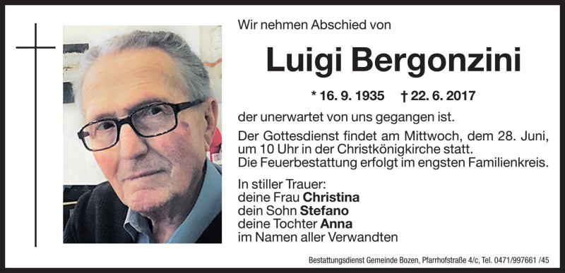  Traueranzeige für Luigi Bergonzini vom 26.06.2017 aus Dolomiten
