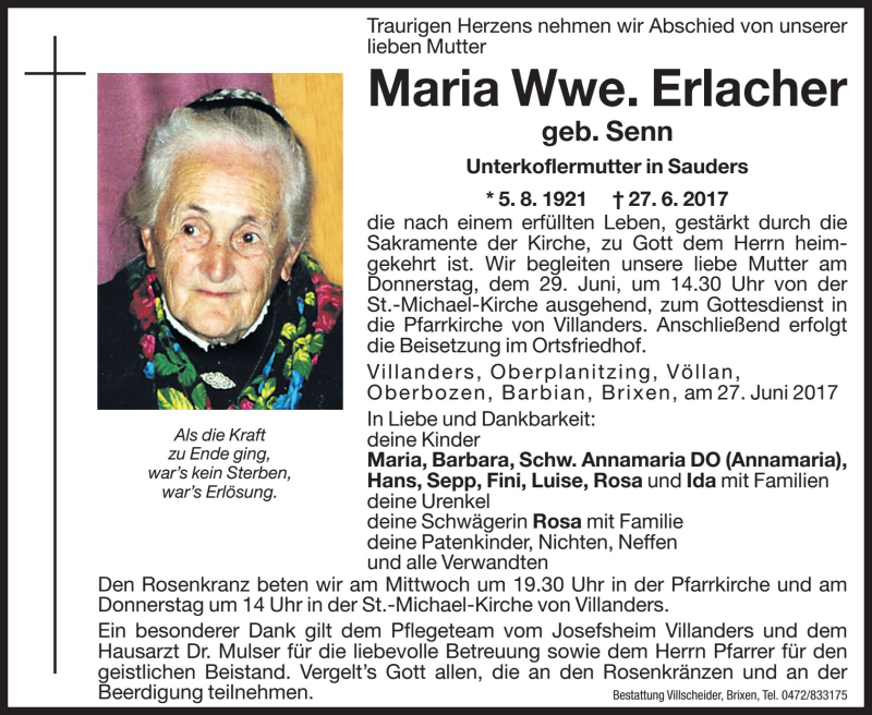  Traueranzeige für Maria Erlacher vom 28.06.2017 aus Dolomiten