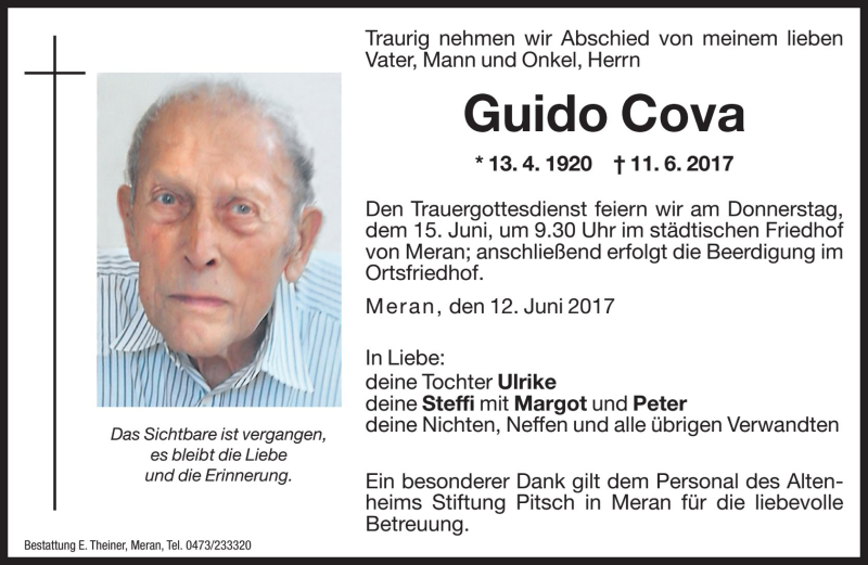  Traueranzeige für Guido Cova vom 13.06.2017 aus Dolomiten