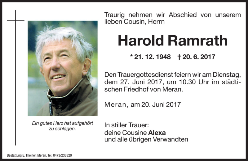  Traueranzeige für Harold Ramrath vom 26.06.2017 aus Dolomiten