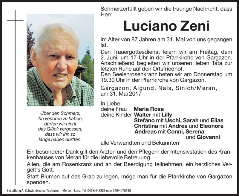  Traueranzeige für Luciano Zeni vom 01.06.2017 aus Dolomiten