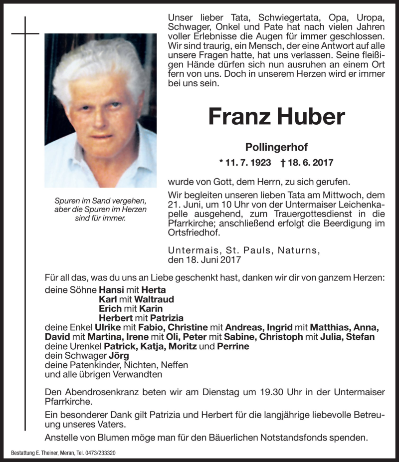  Traueranzeige für Franz Huber vom 19.06.2017 aus Dolomiten
