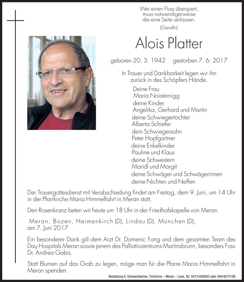  Traueranzeige für Alois Platter vom 08.06.2017 aus Dolomiten