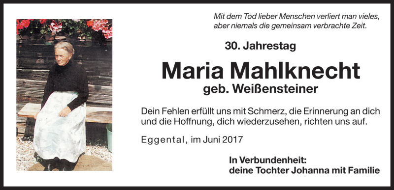  Traueranzeige für Maria Mahlknecht vom 16.06.2017 aus Dolomiten