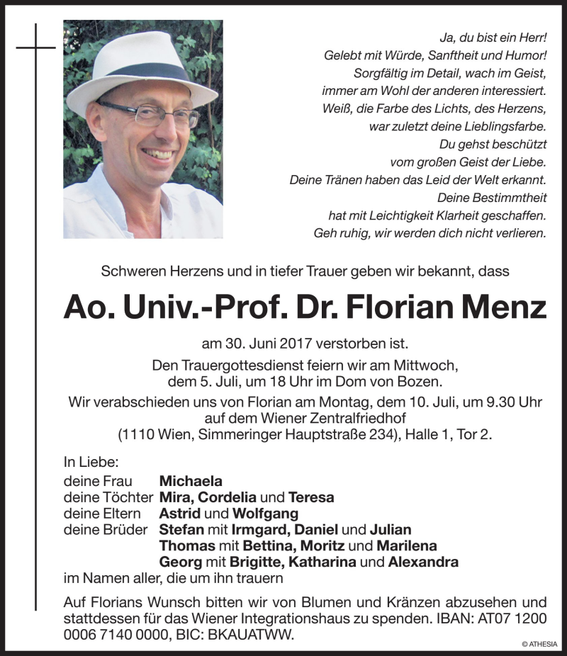  Traueranzeige für Florian Menz vom 05.07.2017 aus Dolomiten