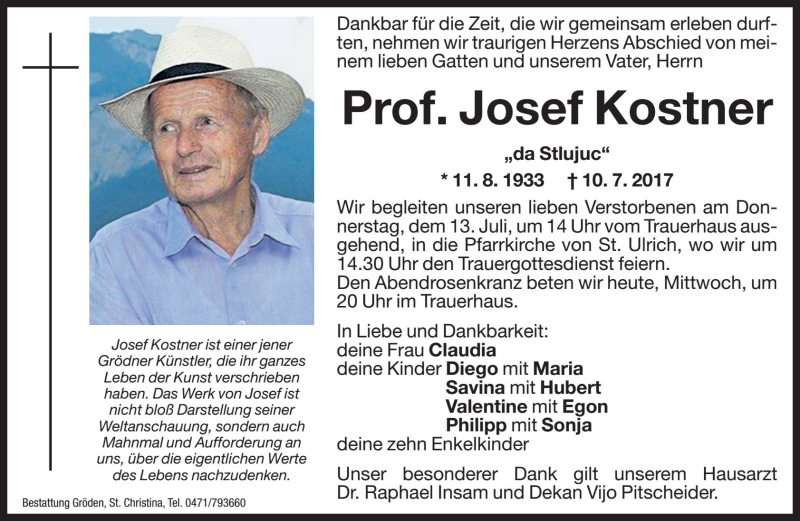  Traueranzeige für Josef Kostner vom 12.07.2017 aus Dolomiten