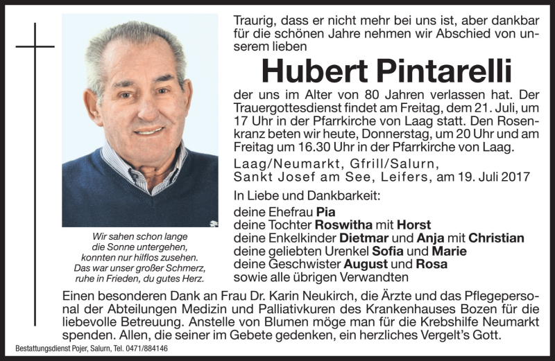  Traueranzeige für Hubert Pintarelli vom 20.07.2017 aus Dolomiten