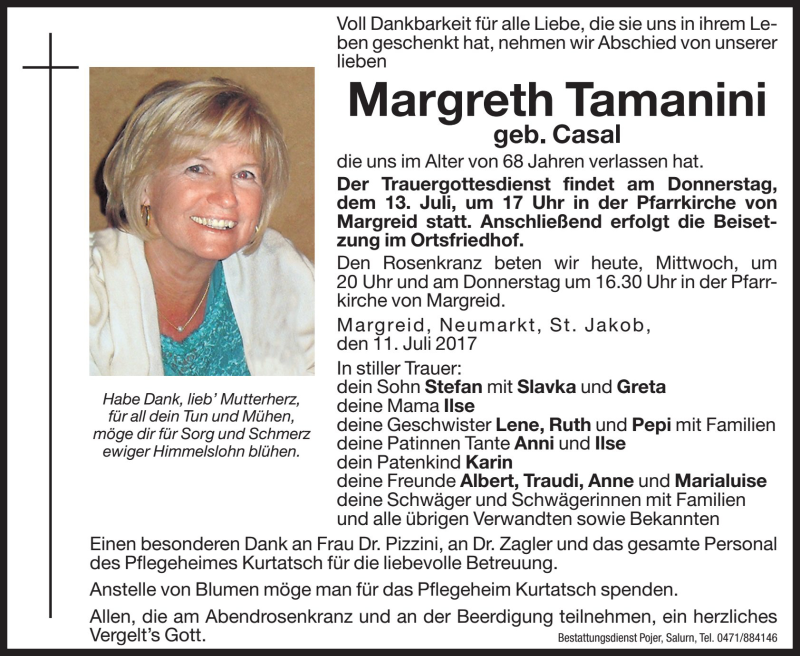  Traueranzeige für Margreth Tamanini vom 12.07.2017 aus Dolomiten