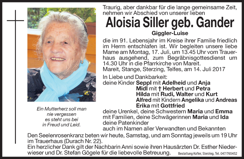  Traueranzeige für Aloisia Siller vom 15.07.2017 aus Dolomiten