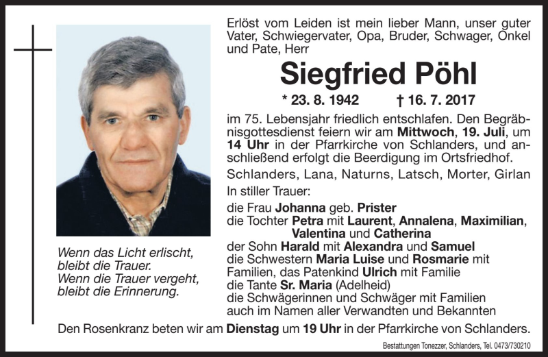  Traueranzeige für Siegfried Pöhl vom 18.07.2017 aus Dolomiten