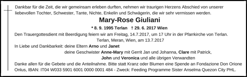  Traueranzeige für Mary-Rose Giuliani vom 13.07.2017 aus Dolomiten