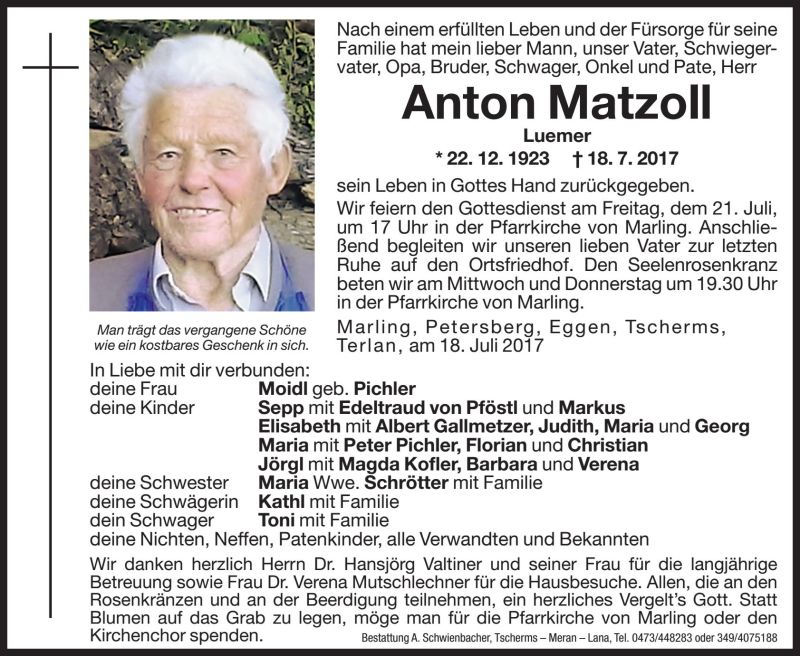  Traueranzeige für Anton Matzoll vom 19.07.2017 aus Dolomiten