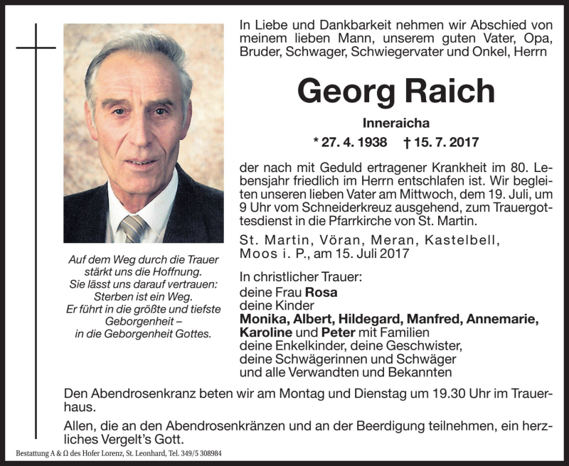  Traueranzeige für Georg Raich vom 17.07.2017 aus Dolomiten