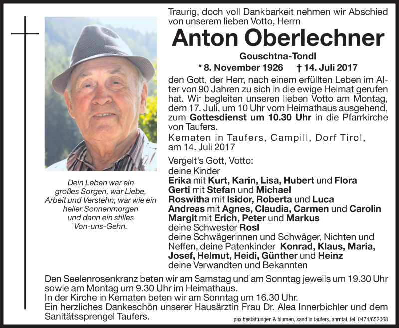  Traueranzeige für Anton Oberlechner vom 15.07.2017 aus Dolomiten