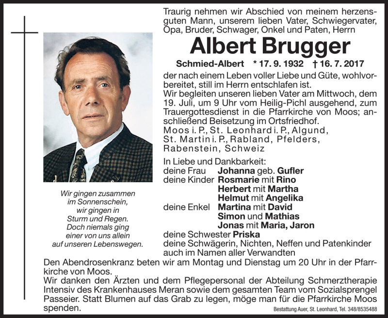  Traueranzeige für Albert Brugger vom 17.07.2017 aus Dolomiten