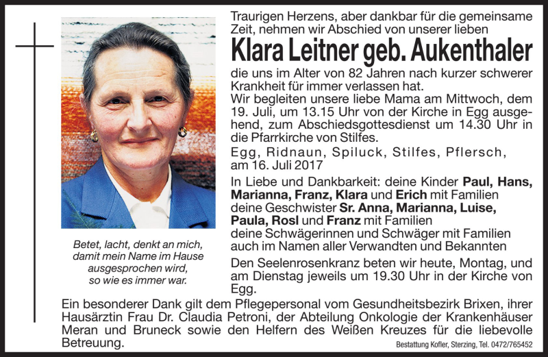  Traueranzeige für Klara Leitner vom 17.07.2017 aus Dolomiten