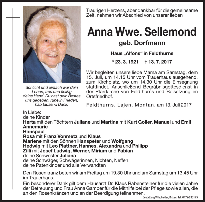  Traueranzeige für Anna Sellemond vom 14.07.2017 aus Dolomiten