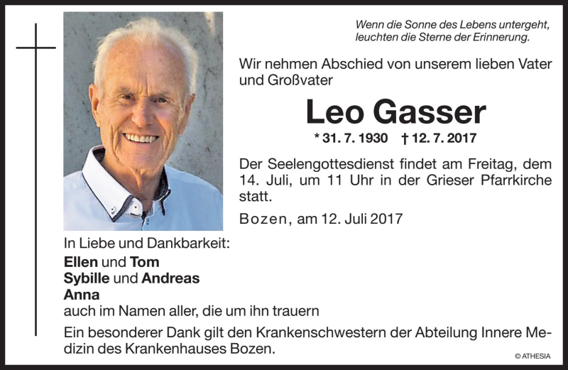  Traueranzeige für Leo Gasser vom 13.07.2017 aus Dolomiten