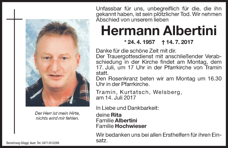  Traueranzeige für Hermann Albertini vom 15.07.2017 aus Dolomiten