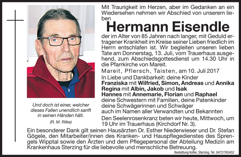  Traueranzeige für Hermann Eisendle vom 12.07.2017 aus Dolomiten