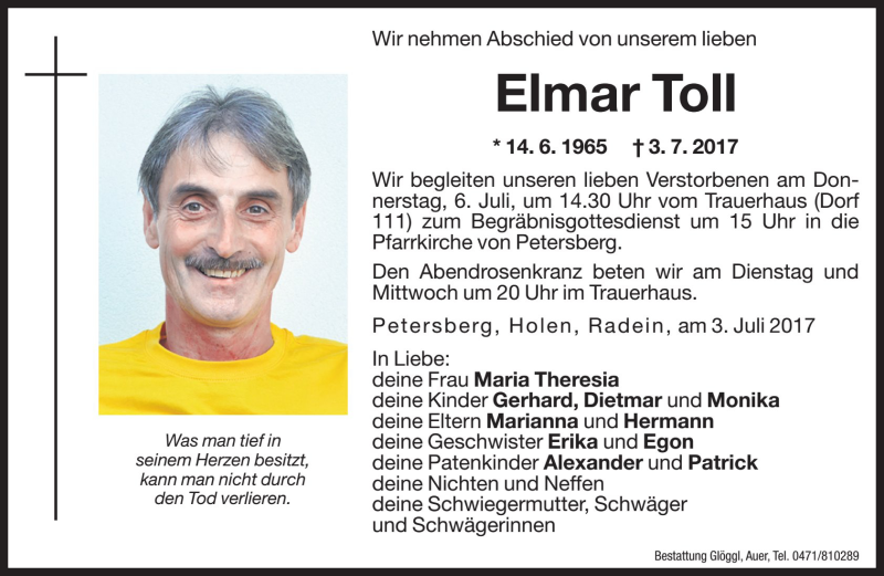  Traueranzeige für Elmar Toll vom 04.07.2017 aus Dolomiten