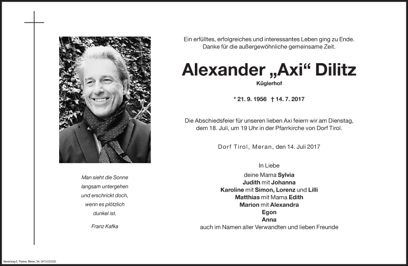  Traueranzeige für Alexander Dilitz vom 15.07.2017 aus Dolomiten