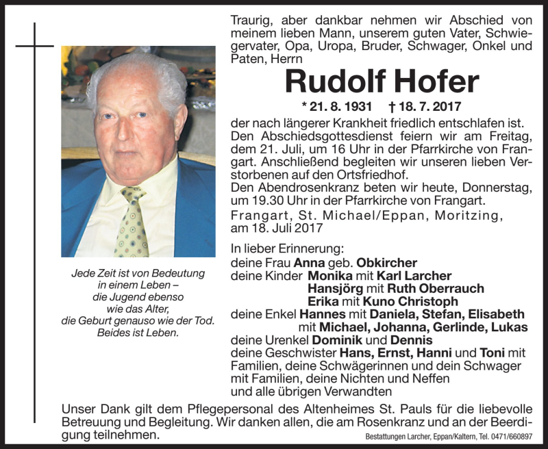  Traueranzeige für Rudolf Hofer vom 20.07.2017 aus Dolomiten