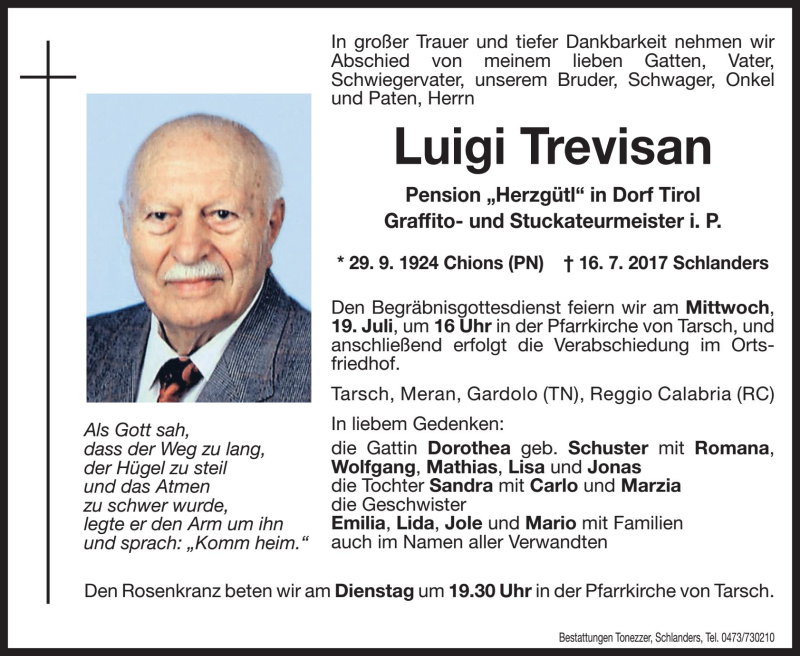  Traueranzeige für Luigi Trevisan vom 18.07.2017 aus Dolomiten