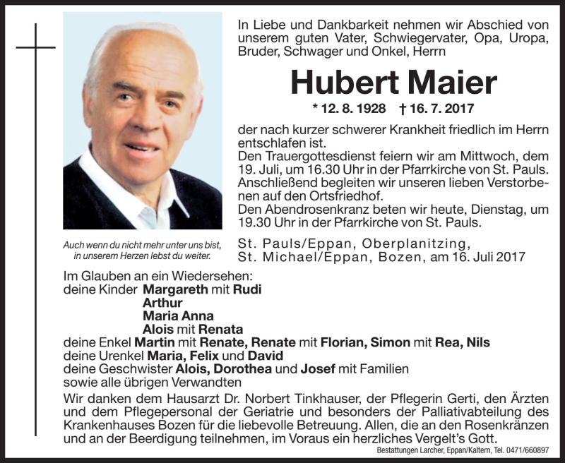  Traueranzeige für Hubert Maier vom 18.07.2017 aus Dolomiten