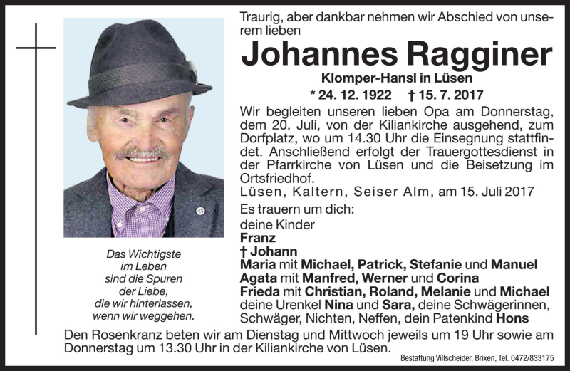  Traueranzeige für Johannes Ragginer vom 18.07.2017 aus Dolomiten