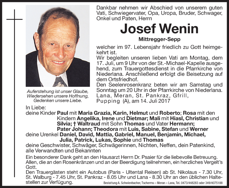  Traueranzeige für Josef Wenin vom 15.07.2017 aus Dolomiten