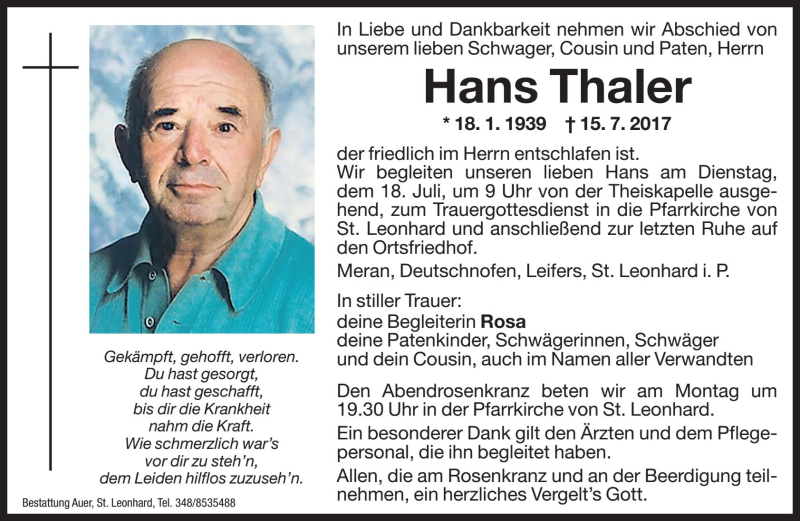  Traueranzeige für Hans Thaler vom 17.07.2017 aus Dolomiten
